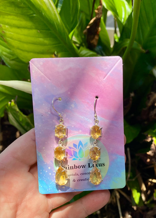 Golden Citrine Three Stone Drop Silver Earrings