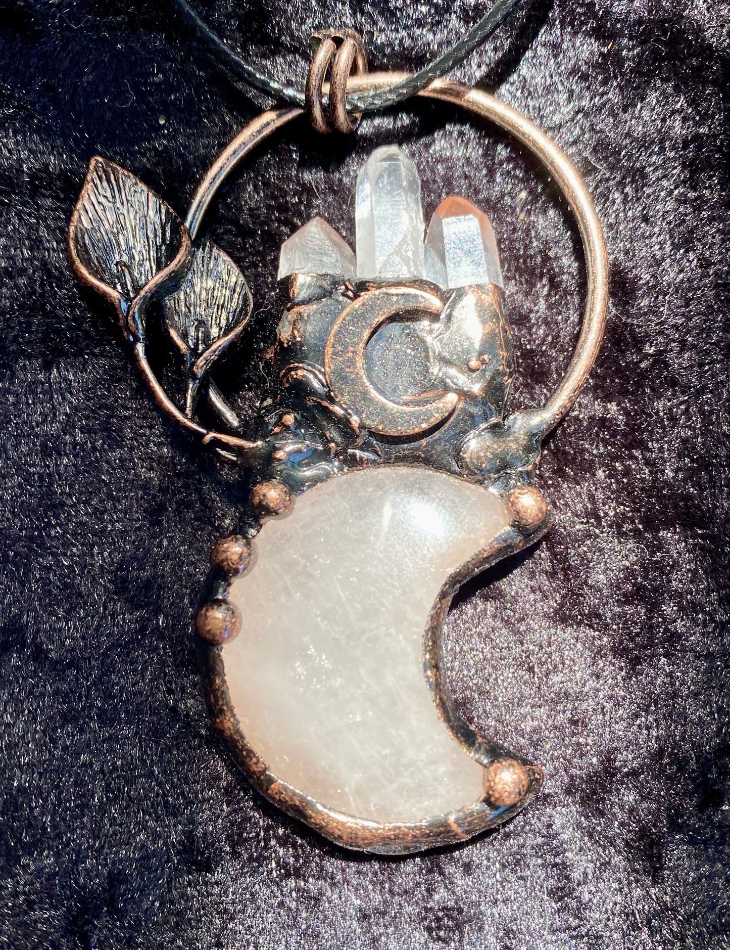 Mystical Handmade  Rose and Clear Quartz Crystal Celestial Pendant in Copper setting