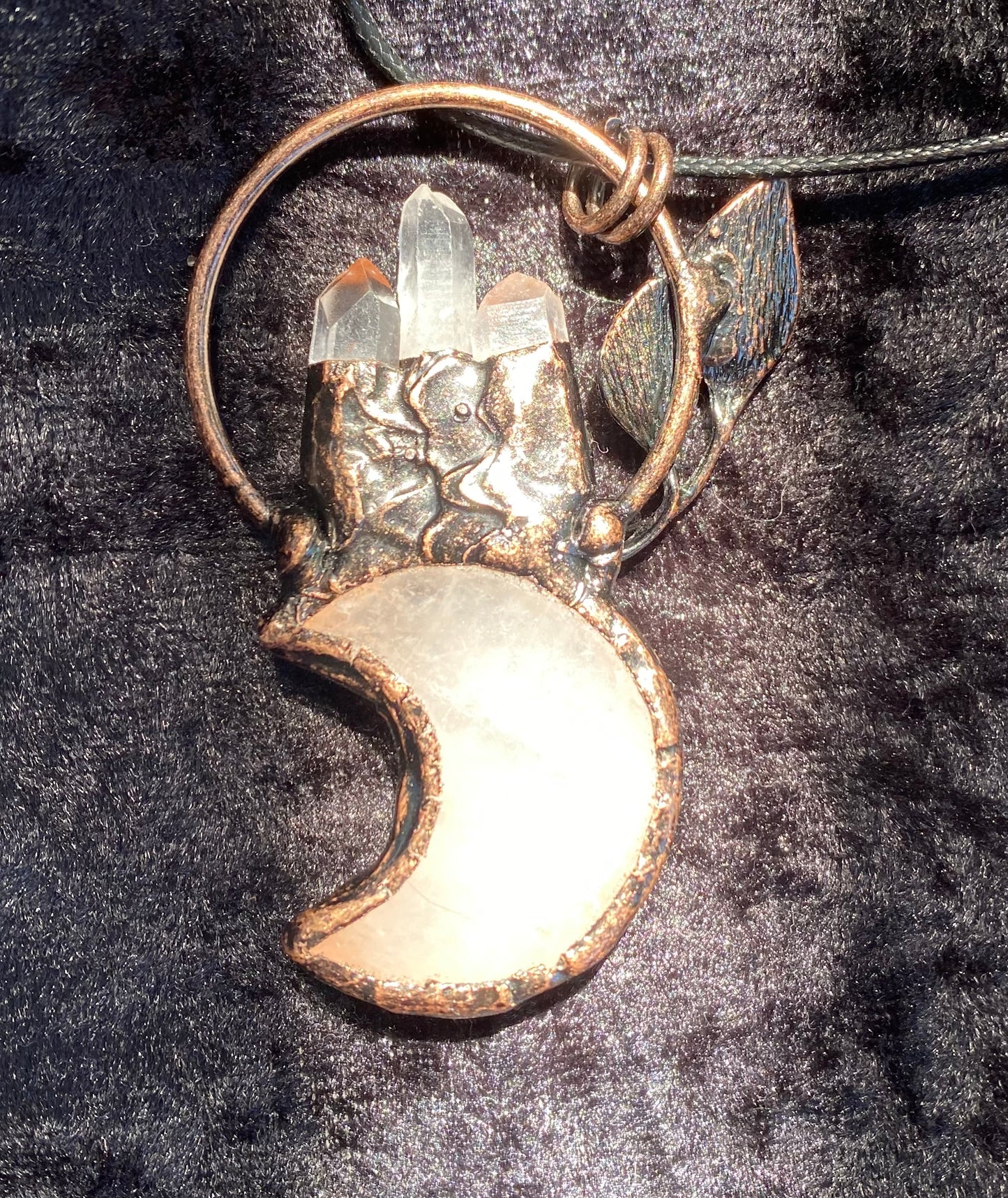 Mystical Handmade  Rose and Clear Quartz Crystal Celestial Pendant in Copper setting