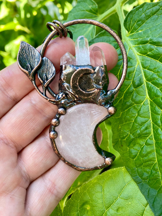 Mystical Handmade  Rose and Clear Quartz Crystal Celestial Pendant in Copper setting