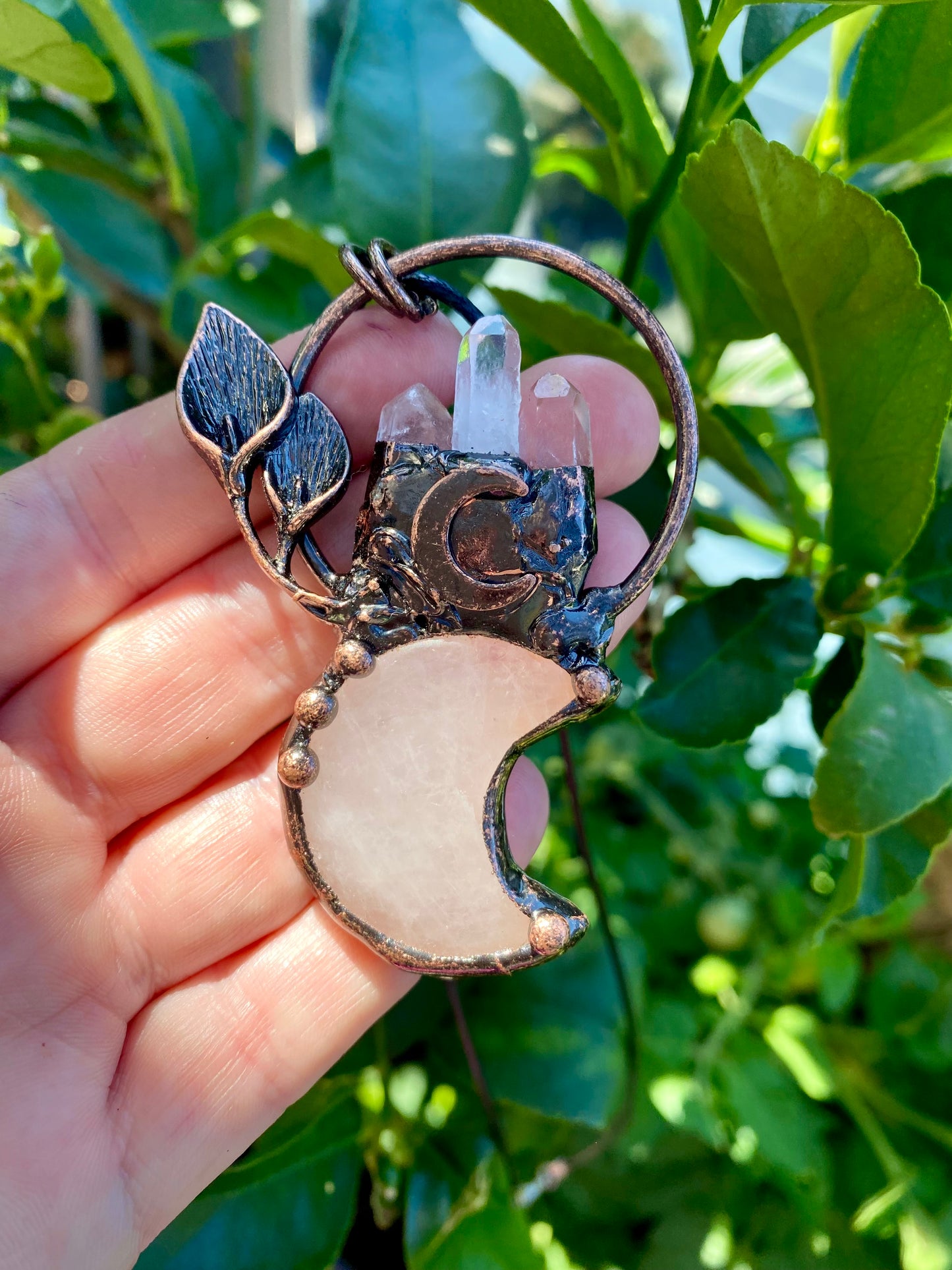 Mystical Handmade  Rose and Clear Quartz Crystal Celestial Pendant in Copper setting