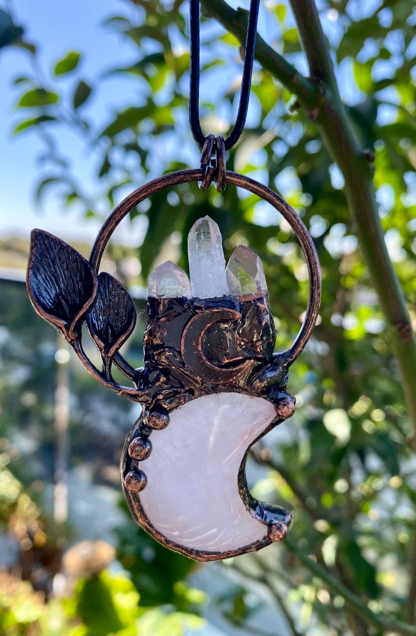 Mystical Handmade  Rose and Clear Quartz Crystal Celestial Pendant in Copper setting