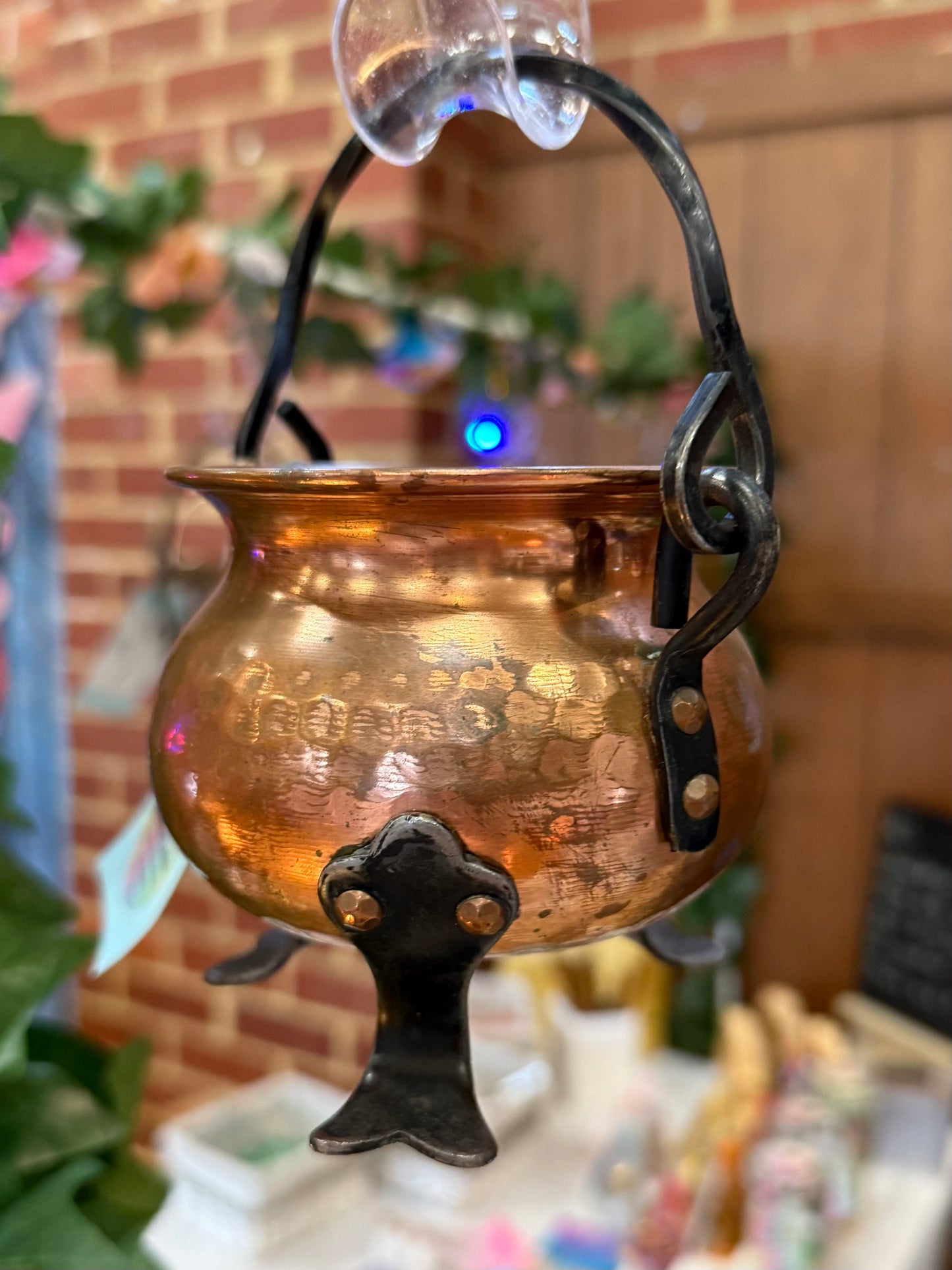 Vintage Copper and Cast Iron Cauldron with Magickal Apothecary Ingredients and Tools