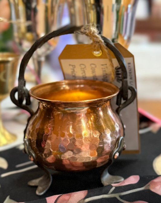 Vintage Copper and Cast Iron Cauldron with Magickal Apothecary Ingredients and Tools