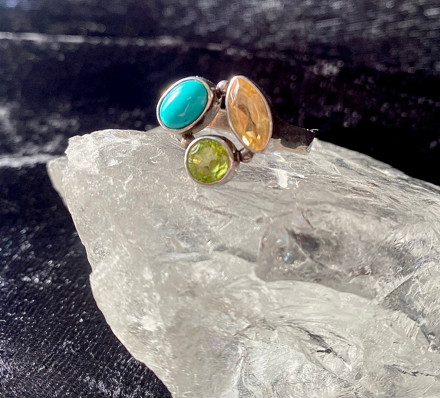 Beautiful Turquoise, Peridot and Citrine Ring in Sterling Silver Setting size 9