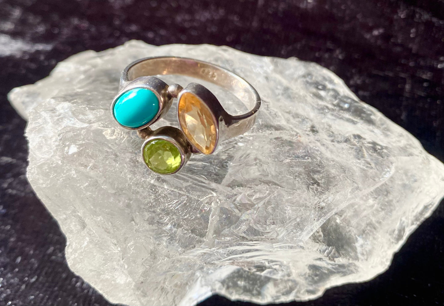 Beautiful Turquoise, Peridot and Citrine Ring in Sterling Silver Setting size 9