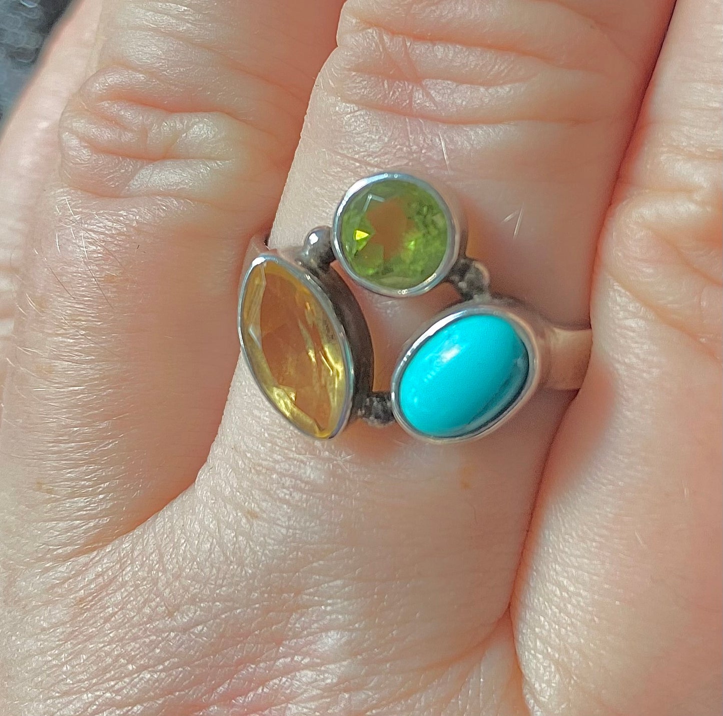 Beautiful Turquoise, Peridot and Citrine Ring in Sterling Silver Setting size 9