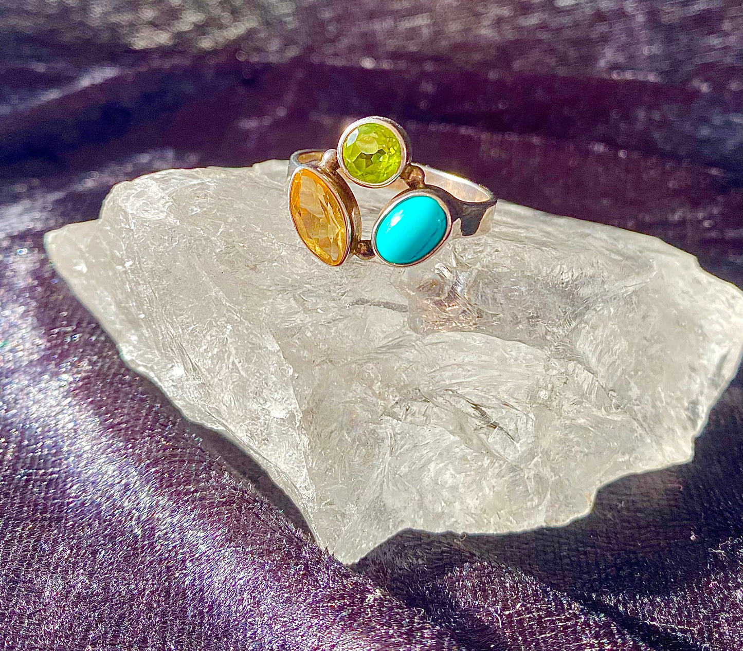 Beautiful Turquoise, Peridot and Citrine Ring in Sterling Silver Setting size 9