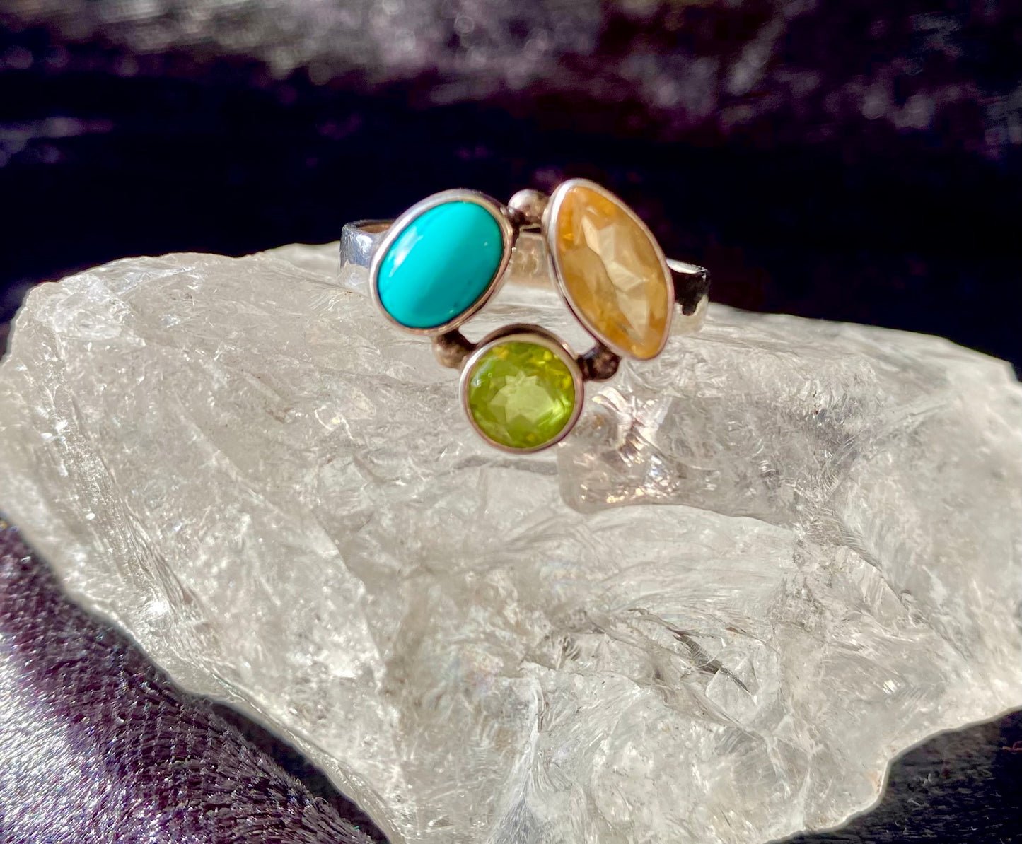 Beautiful Turquoise, Peridot and Citrine Ring in Sterling Silver Setting size 9