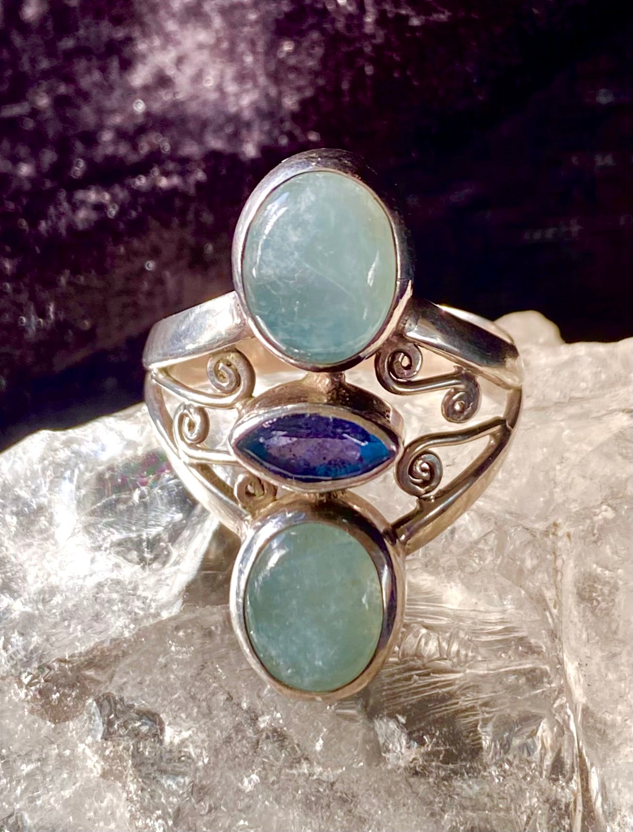 Vintage Aquamarine and Amethyst Ring in Sterling Silver Setting size 7