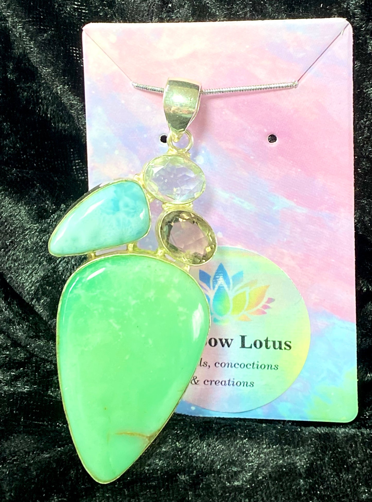 Gorgeous Large Green Variscite, Smokey Quartz, Larimar and Clear Quartz Pendant with Sterling Silver setting