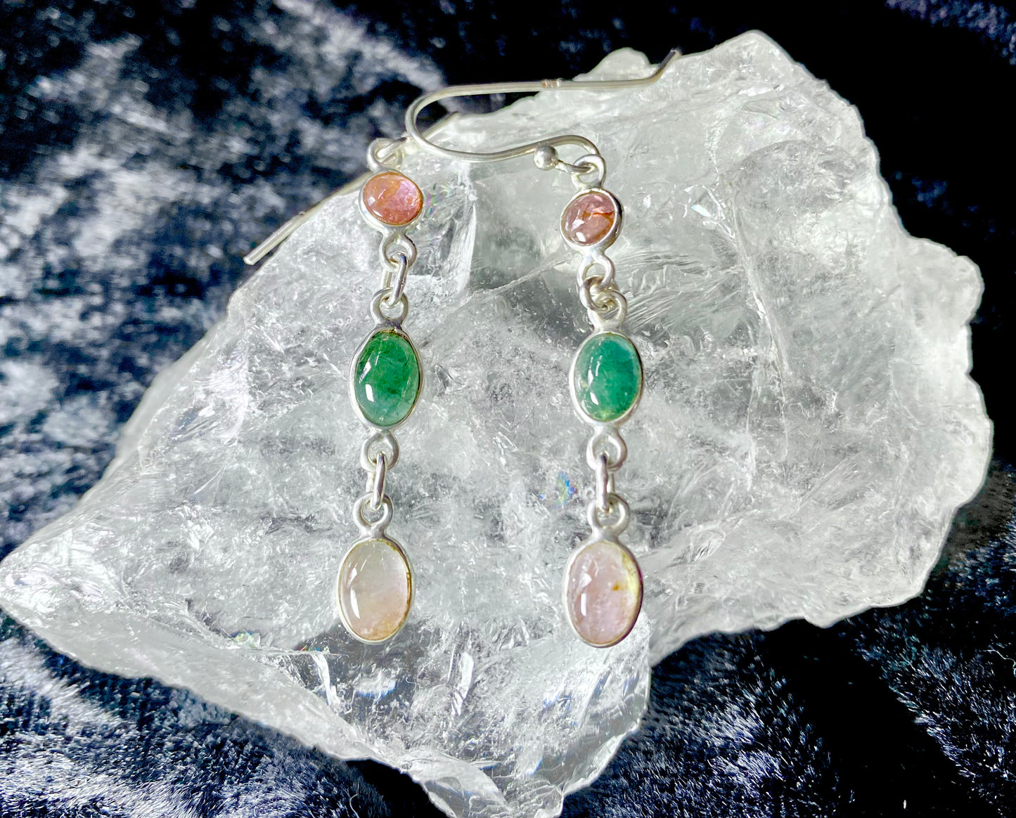 Green and Pink Tourmaline Three Stone Drop Earrings in Silver setting