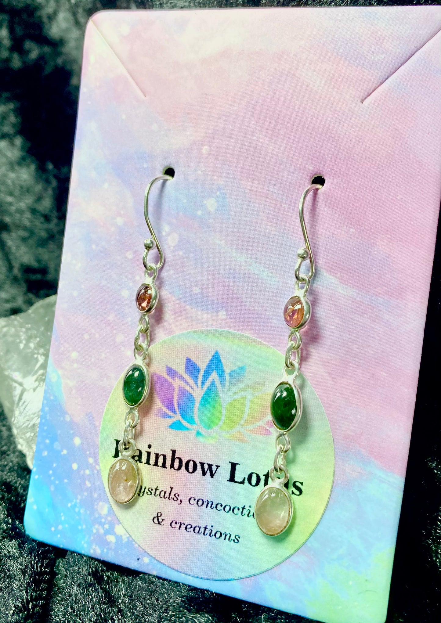 Green and Pink Tourmaline Three Stone Drop Earrings in Silver setting