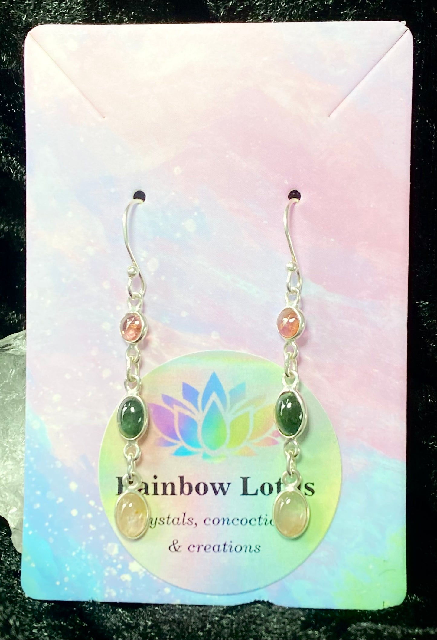 Green and Pink Tourmaline Three Stone Drop Earrings in Silver setting