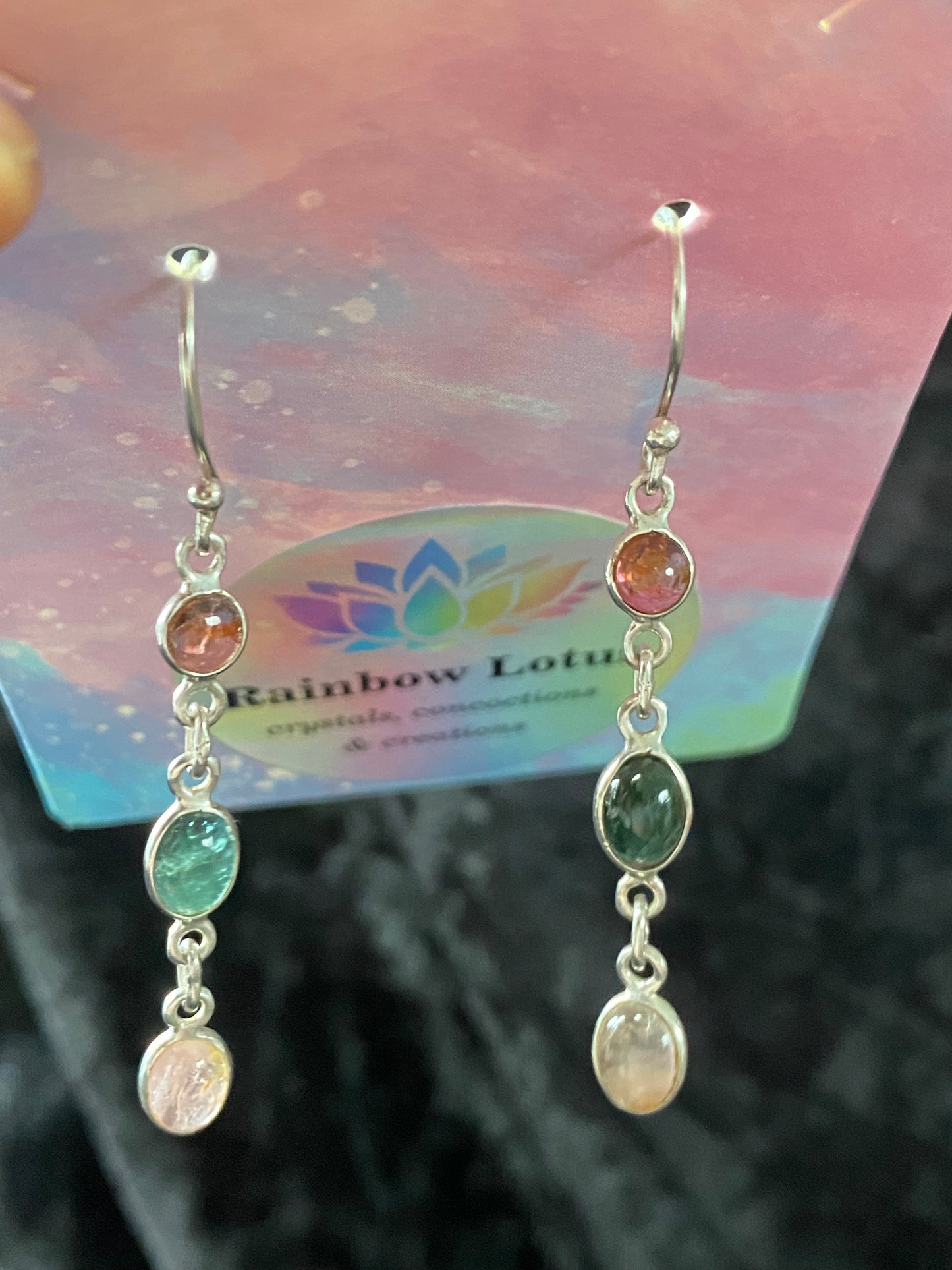 Green and Pink Tourmaline Three Stone Drop Earrings in Silver setting