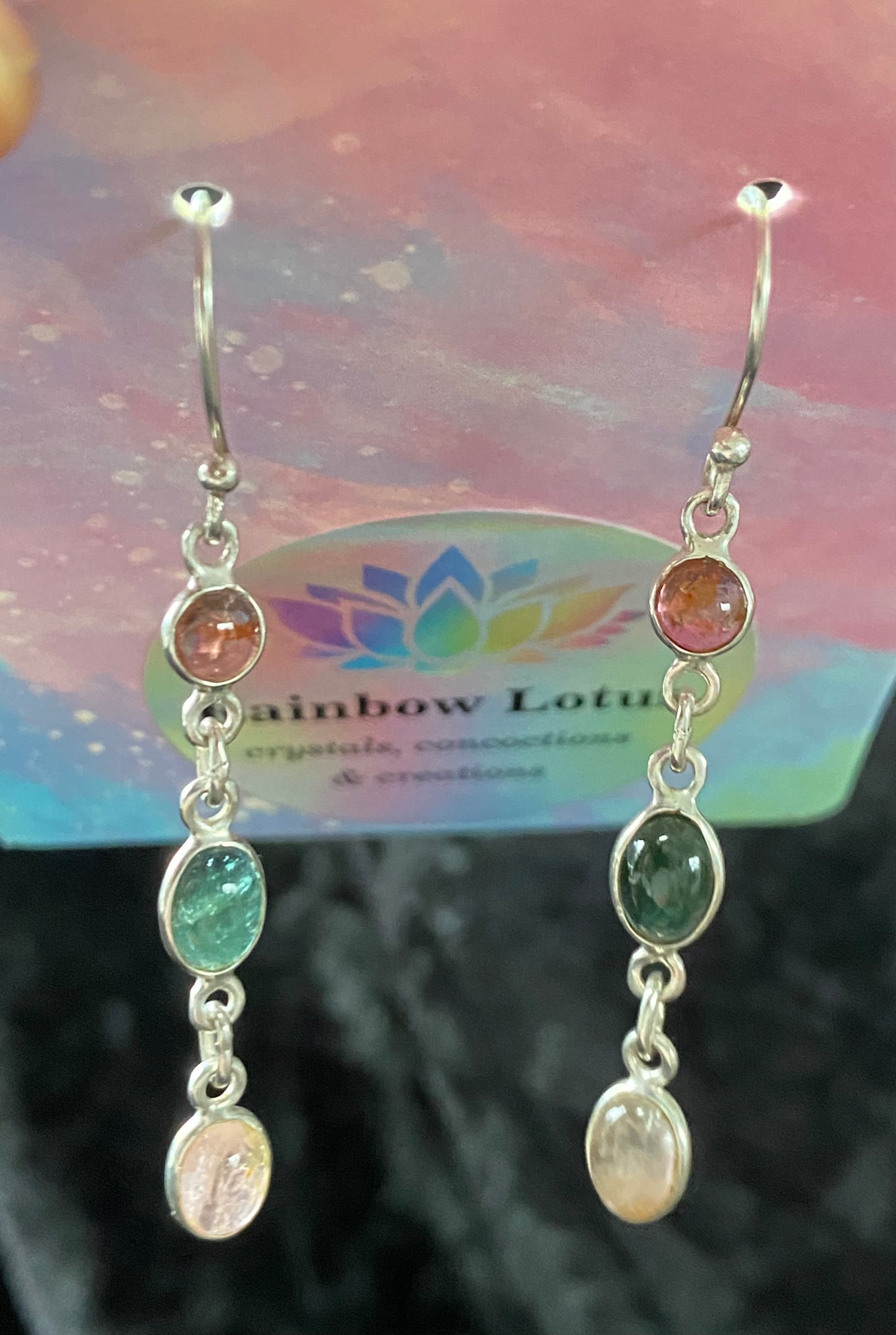 Green and Pink Tourmaline Three Stone Drop Earrings in Silver setting