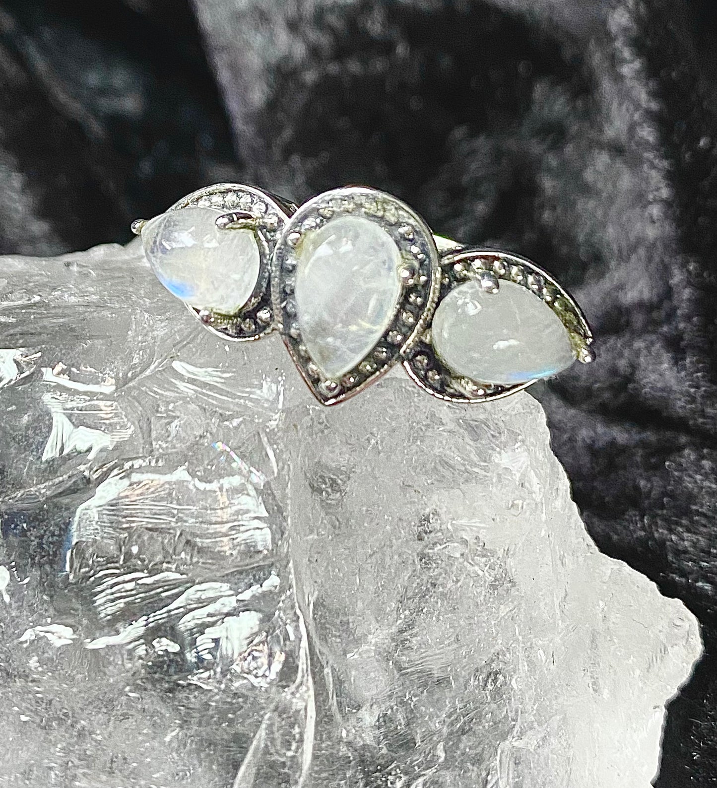 Beautiful Three Moonstone Ring in Sterling Silver Setting