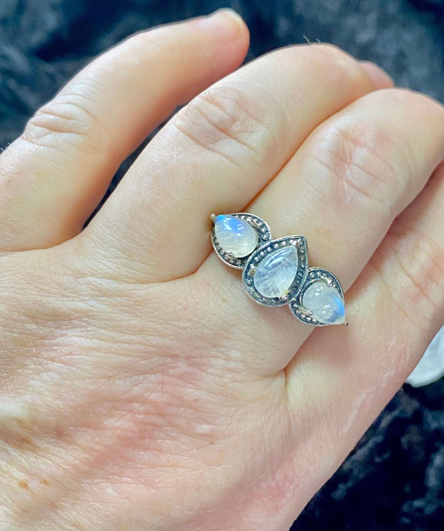 Beautiful Three Moonstone Ring in Sterling Silver Setting