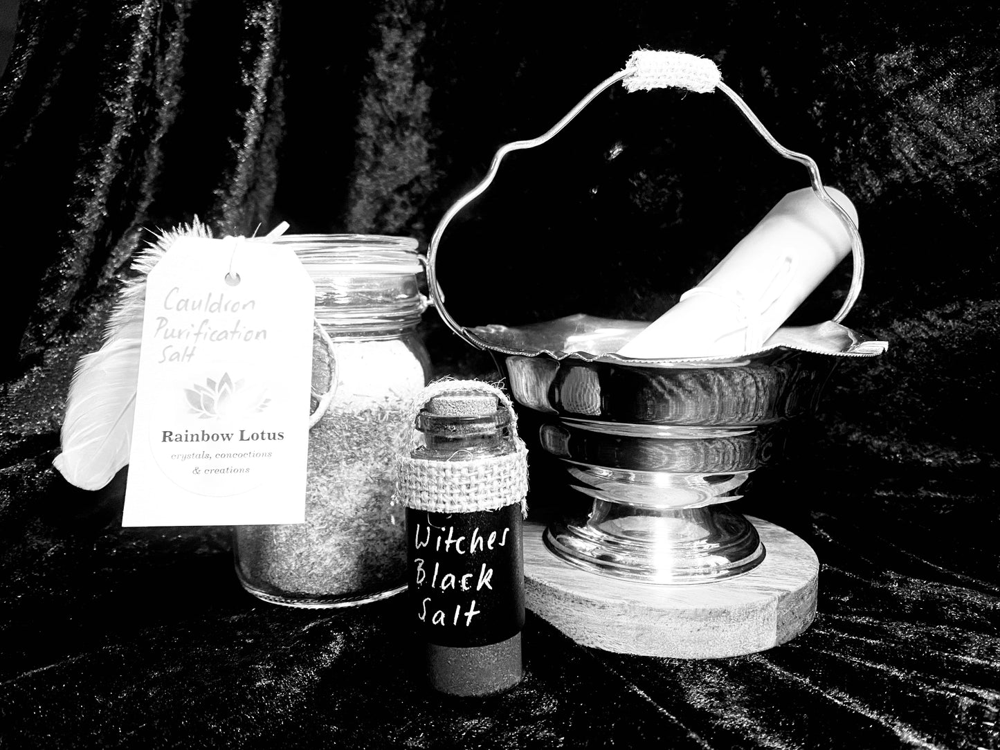 Vintage Silver Plated Cauldron with Magickal Apothecary Ingredients and Tools