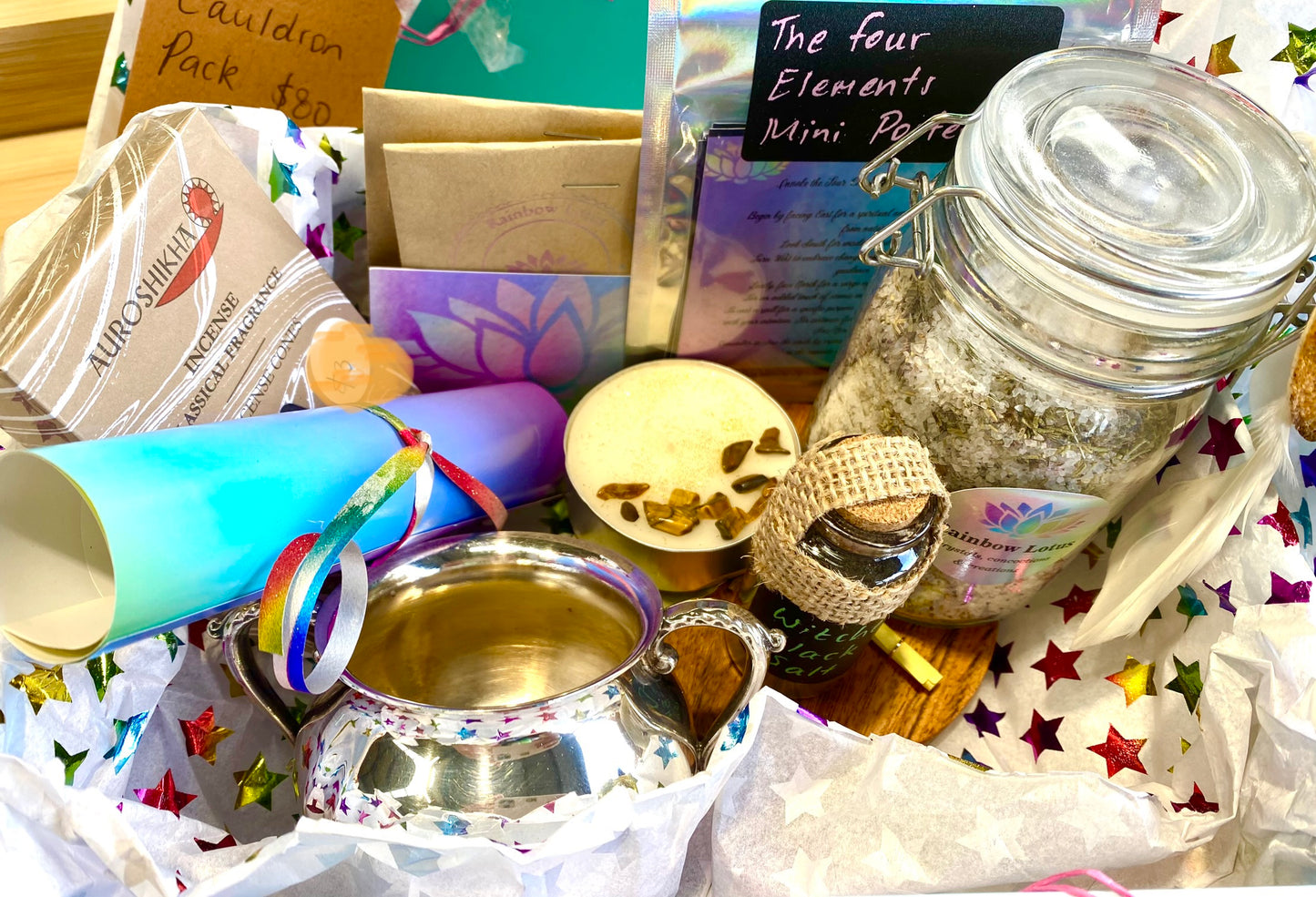 Vintage Silver Plated Cauldron with Magickal Apothecary Ingredients and Tools