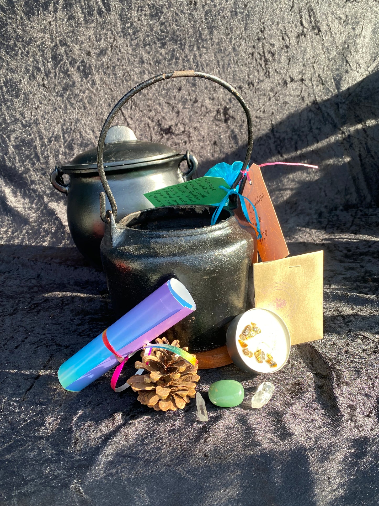 Antique late 1800s Cast Iron Cauldron with Magickal Apothecary Ingredients and Tools