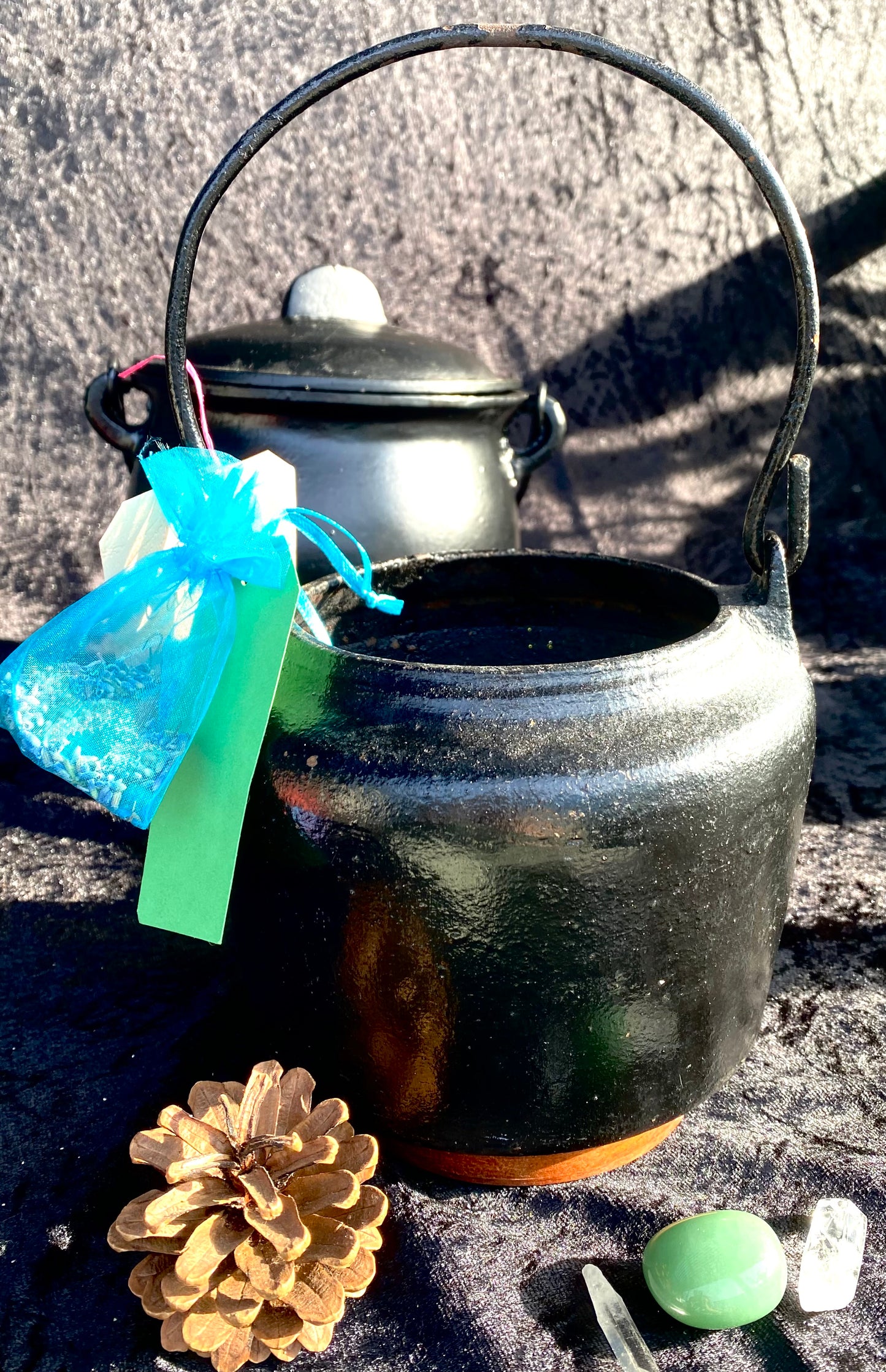 Antique late 1800s Cast Iron Cauldron with Magickal Apothecary Ingredients and Tools