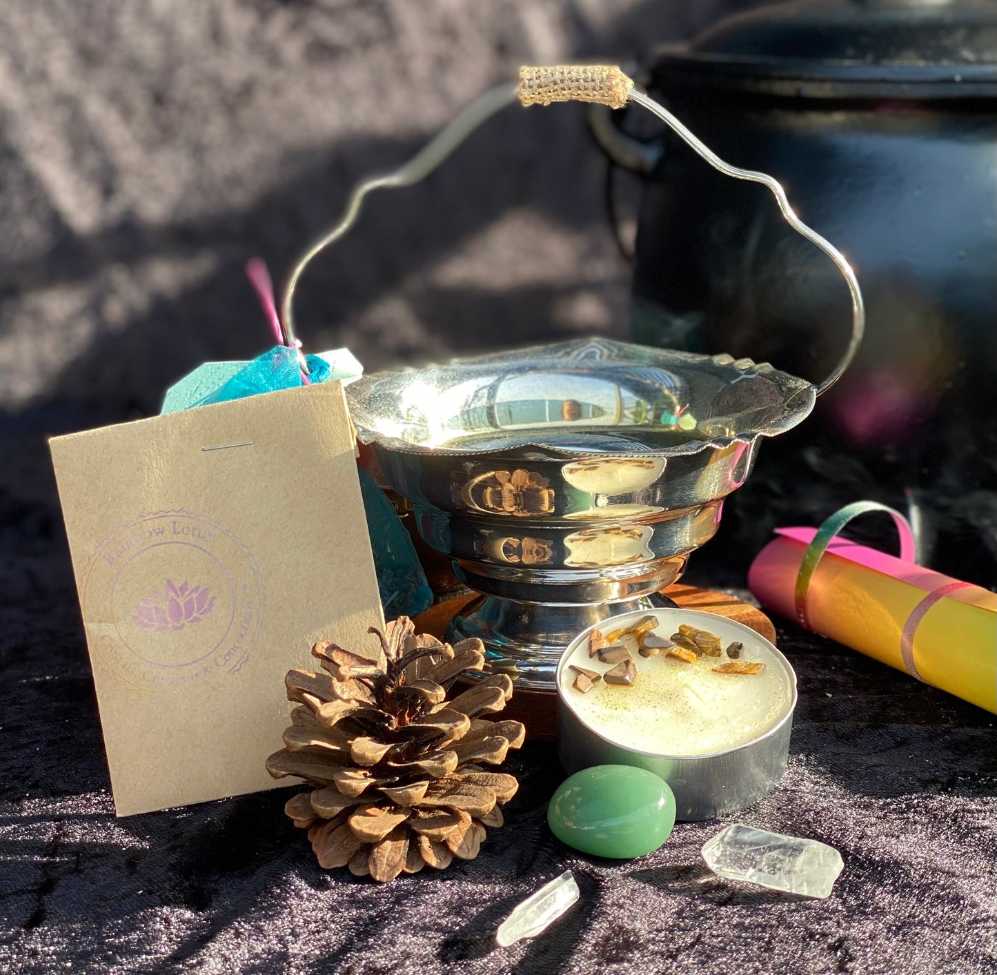 Vintage Silver Plated Cauldron with Magickal Apothecary Ingredients and Tools