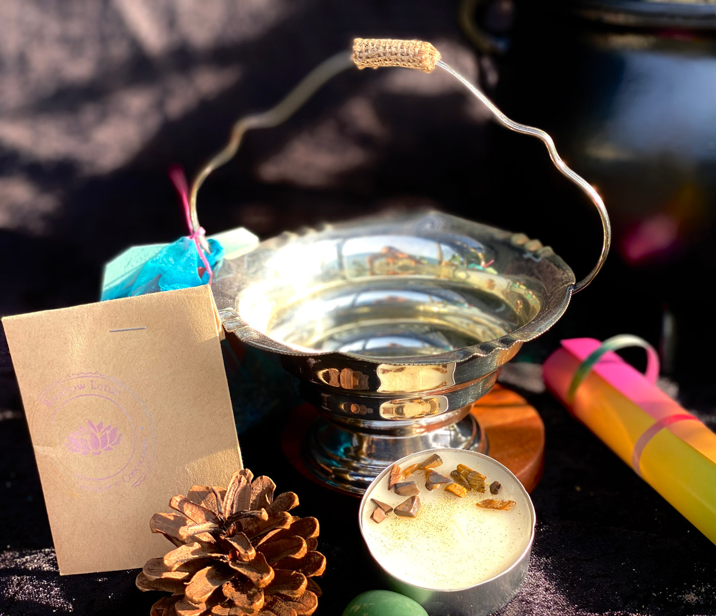 Vintage Silver Plated Cauldron with Magickal Apothecary Ingredients and Tools