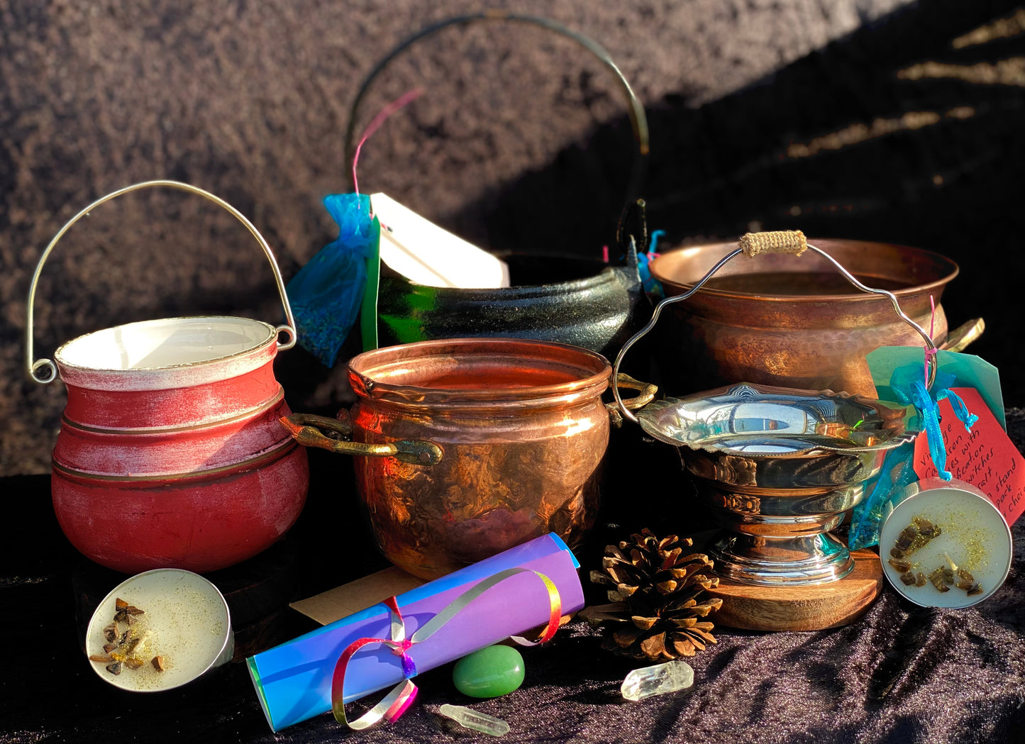 Vintage Chinese Ceramic Cauldron with Magickal Apothecary Ingredients and Tools