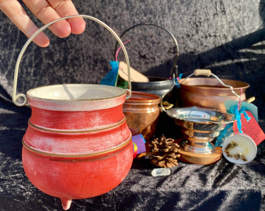 Vintage Red Cauldron with Magickal Apothecary Ingredients and Tools