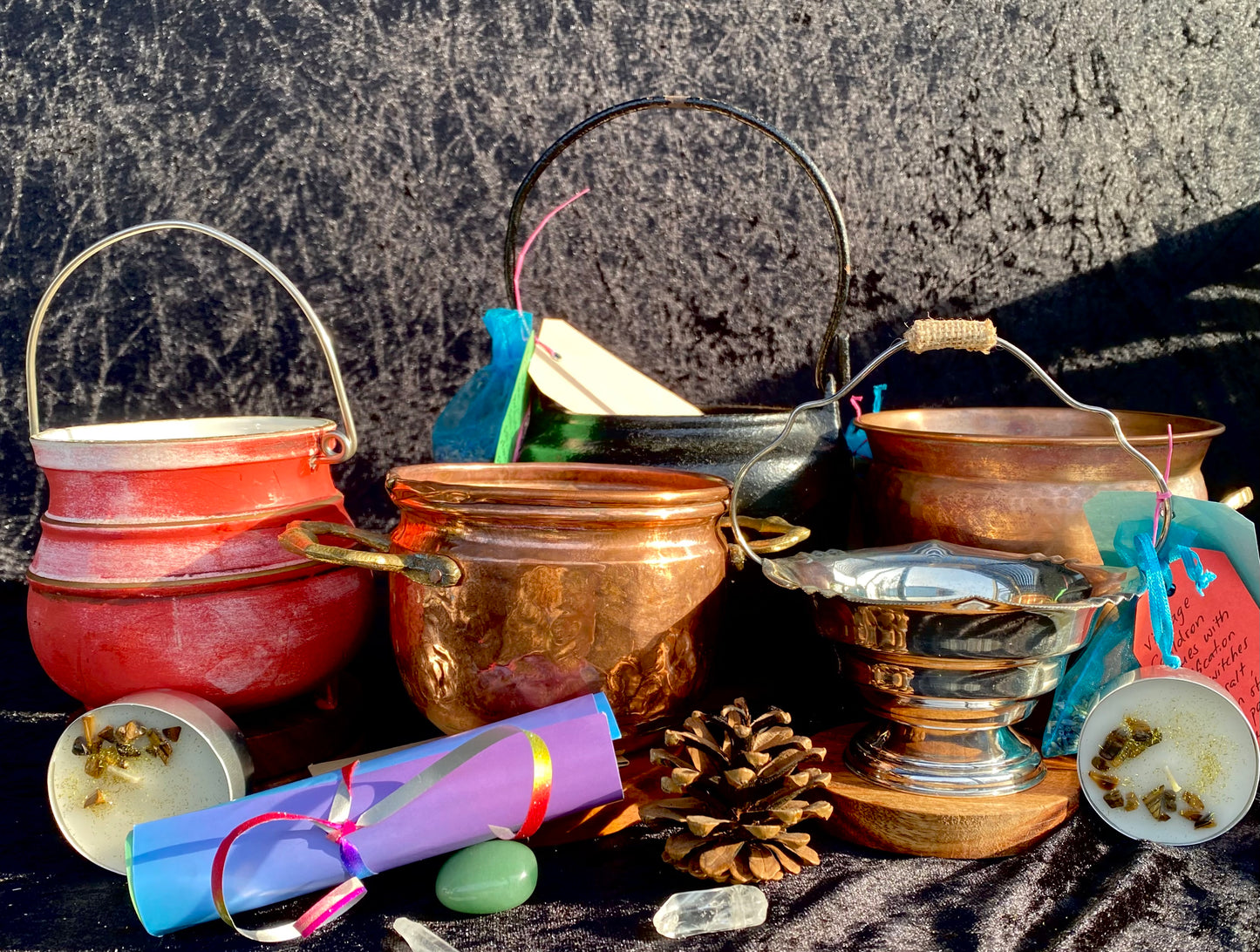 Antique late 1800s Cast Iron Cauldron with Magickal Apothecary Ingredients and Tools