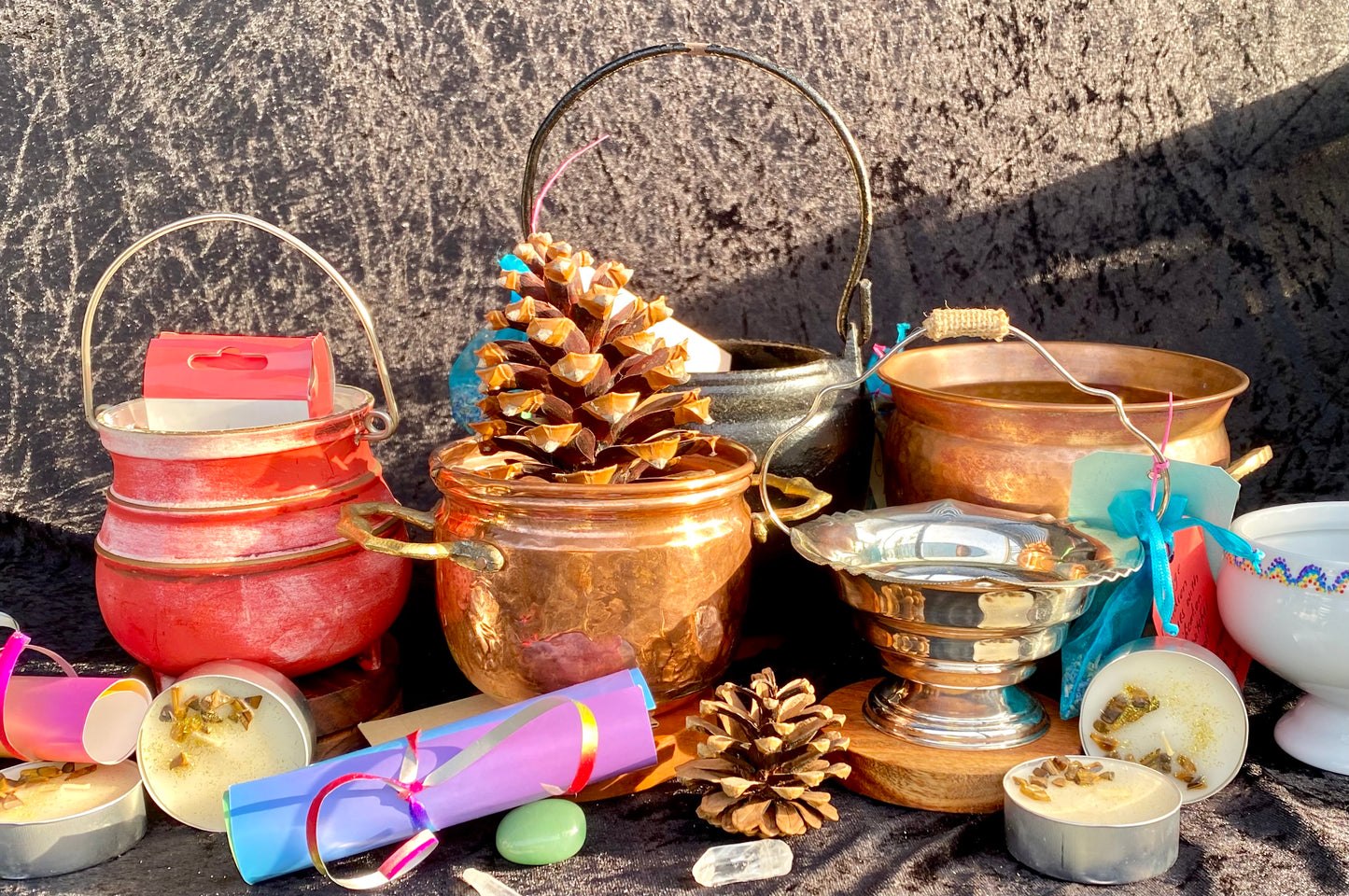 Vintage Copper and Cast Iron Cauldron with Magickal Apothecary Ingredients and Tools