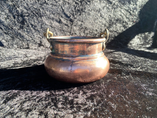 Vintage French Copper and Brass Cauldron with Magickal Apothecary Ingredients and Tools