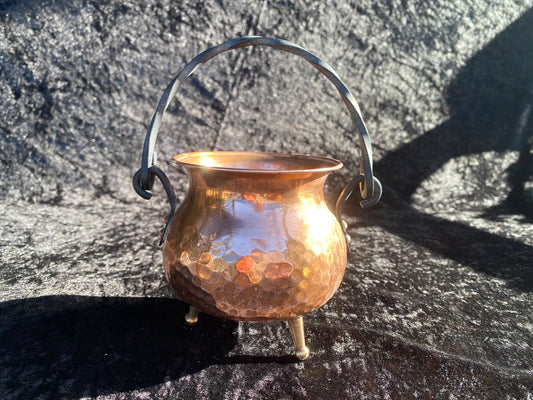 Vintage Swedish Copper and Brass Cauldron with Magickal Apothecary Ingredients and Tools