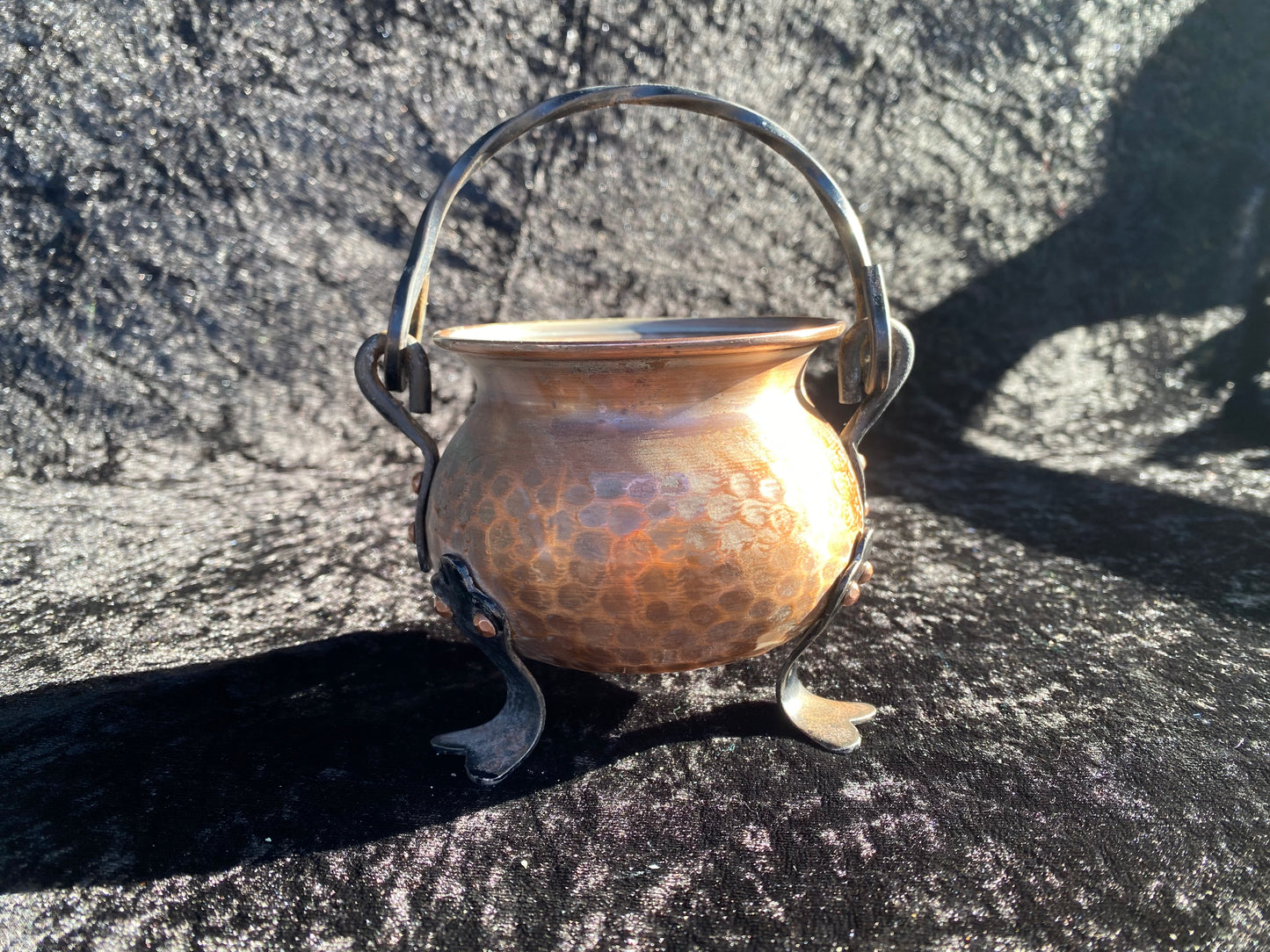 Vintage German Copper and Cast Iron Cauldron with Magickal Apothecary Ingredients and Tools