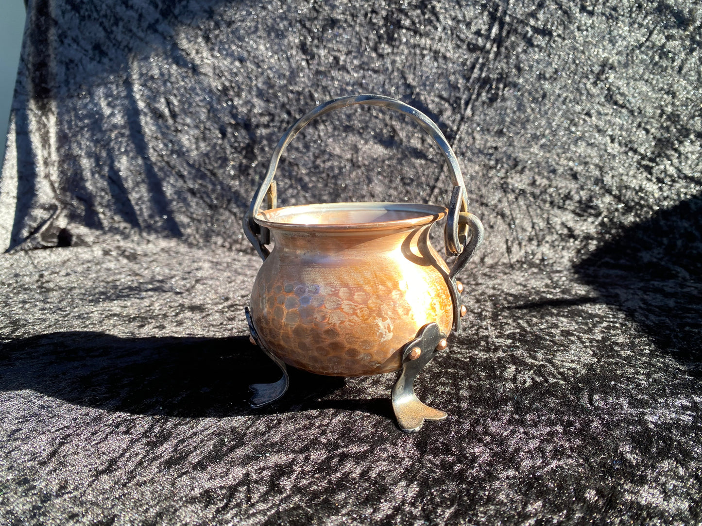 Vintage German Copper and Cast Iron Cauldron with Magickal Apothecary Ingredients and Tools