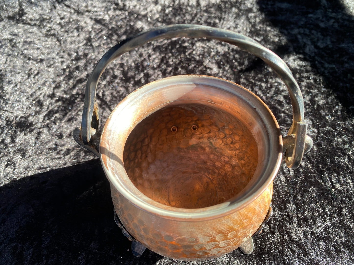 Vintage German Copper and Cast Iron Cauldron with Magickal Apothecary Ingredients and Tools