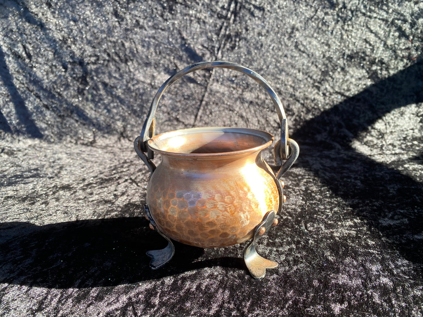 Vintage German Copper and Cast Iron Cauldron with Magickal Apothecary Ingredients and Tools