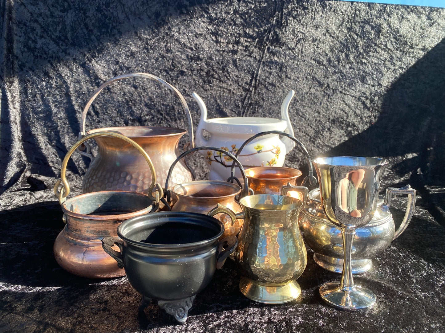 Vintage Swedish Copper and Brass Cauldron with Magickal Apothecary Ingredients and Tools