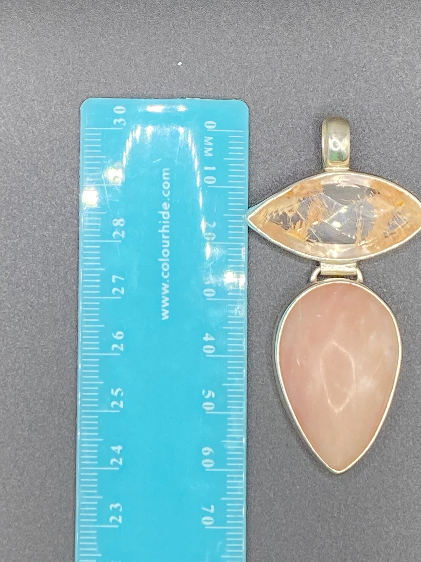 Gorgeous Pink Opal and Rutilated Quartz Pendant with Sterling Silver setting