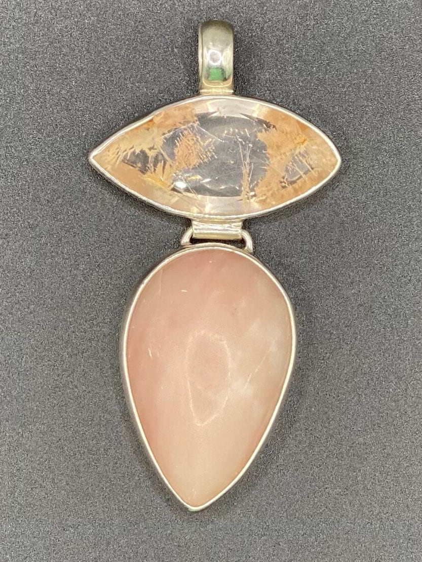 Gorgeous Pink Opal and Rutilated Quartz Pendant with Sterling Silver setting