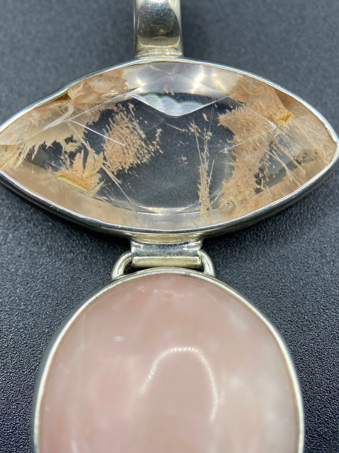 Gorgeous Pink Opal and Rutilated Quartz Pendant with Sterling Silver setting