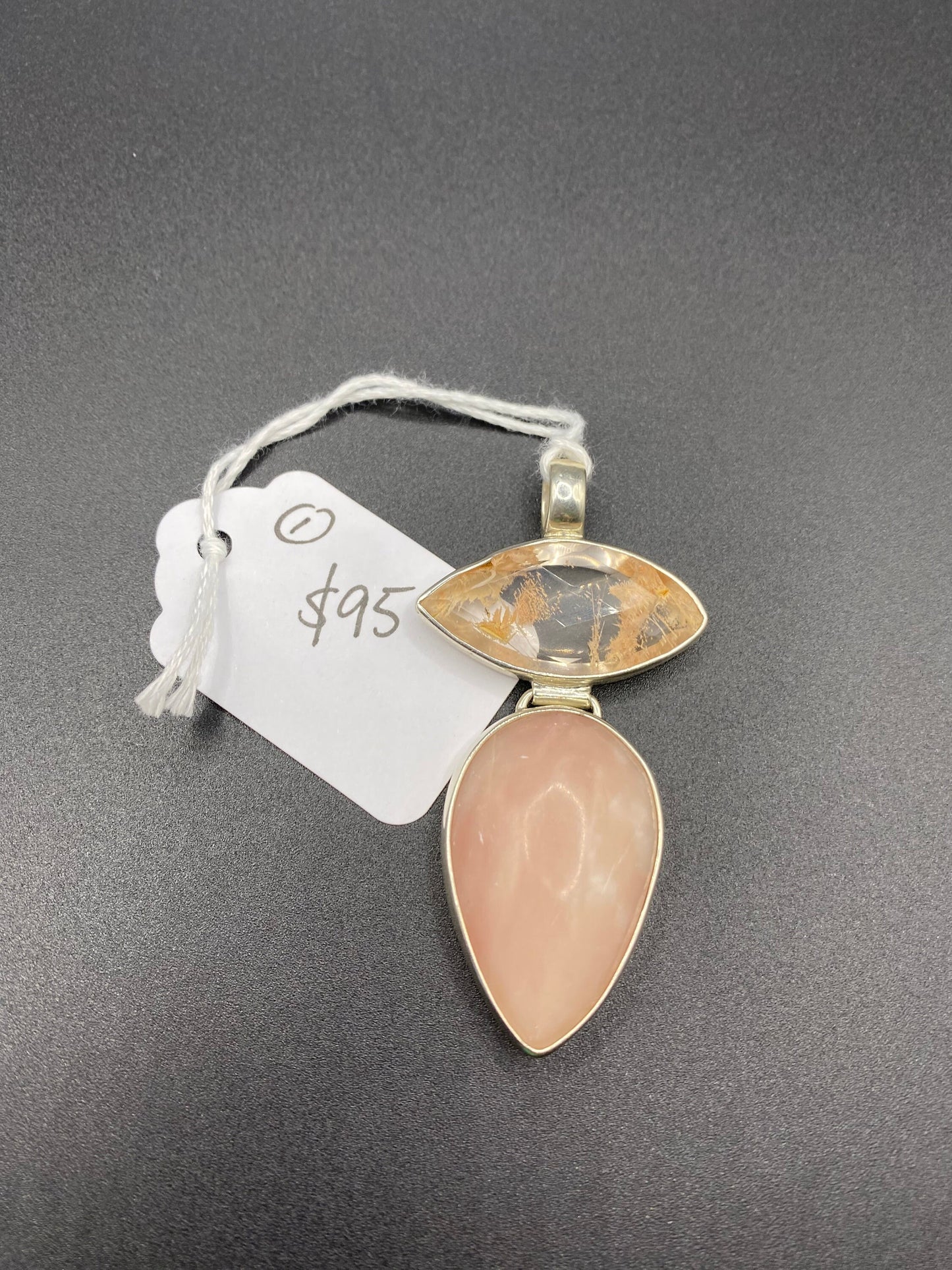 Gorgeous Pink Opal and Rutilated Quartz Pendant with Sterling Silver setting