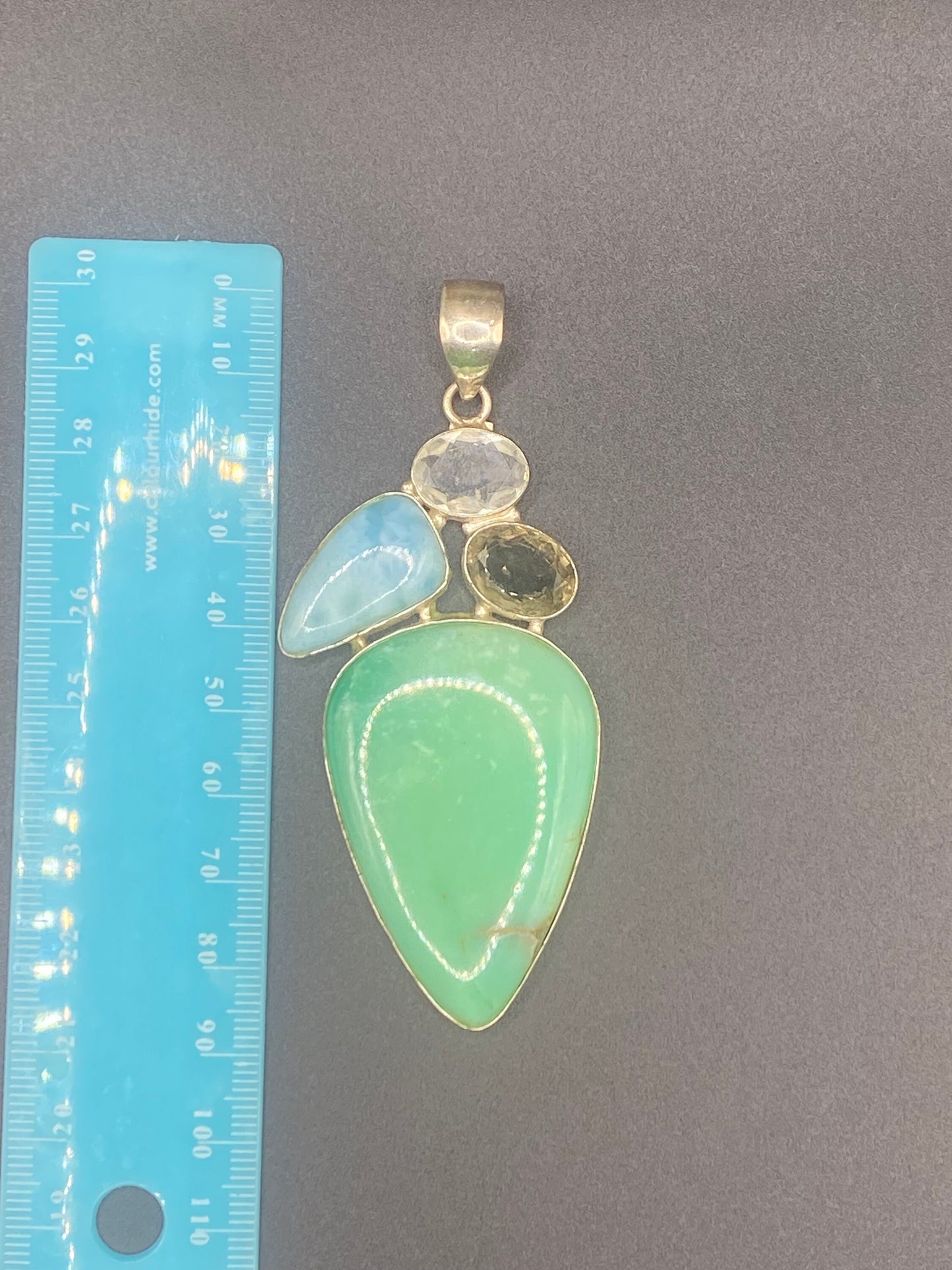 Gorgeous Large Green Variscite, Smokey Quartz, Larimar and Clear Quartz Pendant with Sterling Silver setting