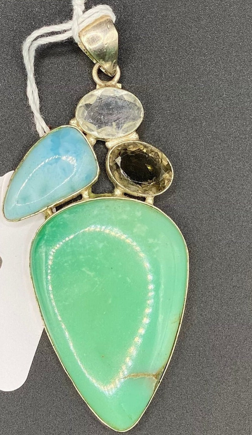 Gorgeous Large Green Variscite, Smokey Quartz, Larimar and Clear Quartz Pendant with Sterling Silver setting